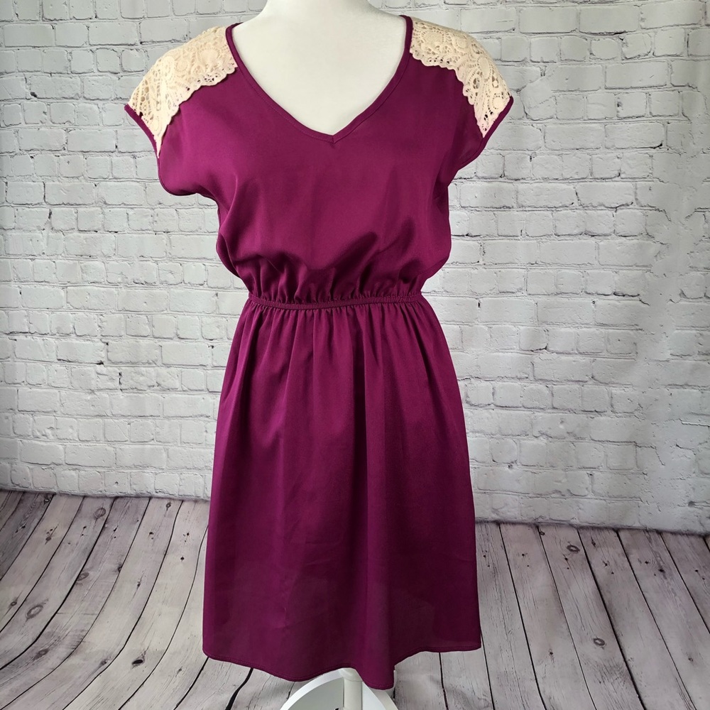October Sky, magenta, crochet lace shoulder dress